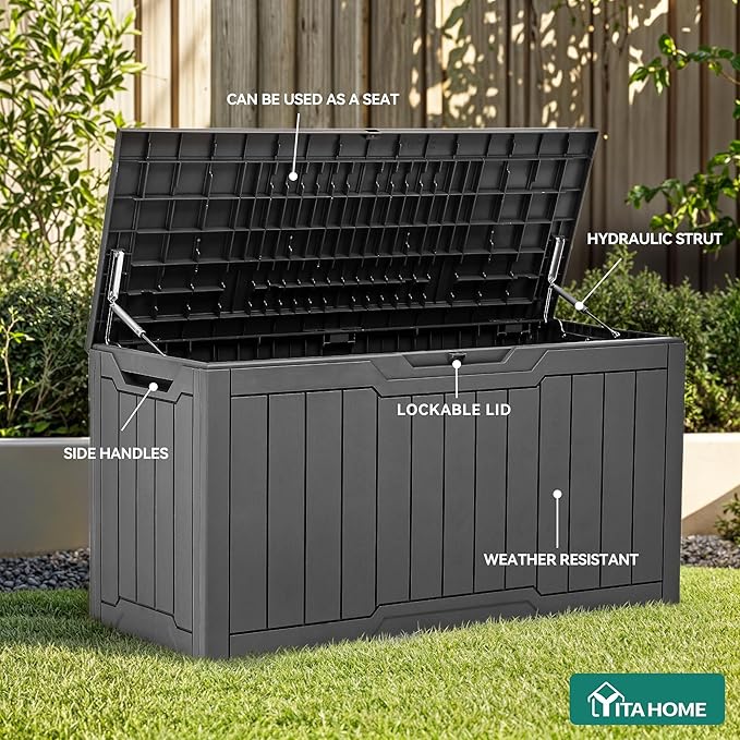 YITAHOME 80 Gallon Outdoor Storage Box, Large Waterproof Resin Deck Box, Indoor Outdoor Lockable Storage Container for Patio, Garden, Cushions, Tools, Equipment (Dark Gray) YITAHOME
