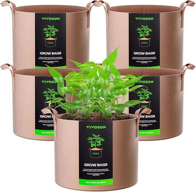 VIVOSUN 5-Pack 2 Gallons Grow Bags Heavy Duty Thickened Nonwoven Fabric Pots with Strap Handles Tan VIVOSUN