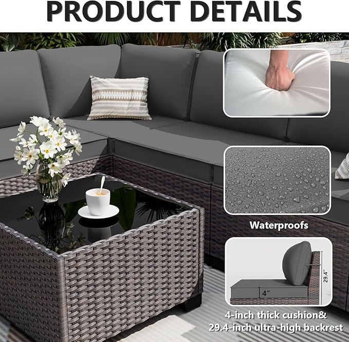 ALAULM 6 Pieces Patio Furniture Set, Oversized Seat/Armrest and High Back Wicker Sectional Furniture Set with Thick Cushion for Backyard, Garden, Grey ALAULM