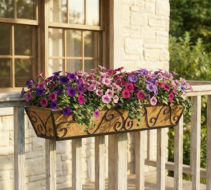 Y&M 30 Inch Window Deck with Coco Liner, Fence Metal Hanging Flower Planter Window Basket Deck Railing Planter Boxes for Outdoor Garden Lawn-Butterfly, 4pcs YM