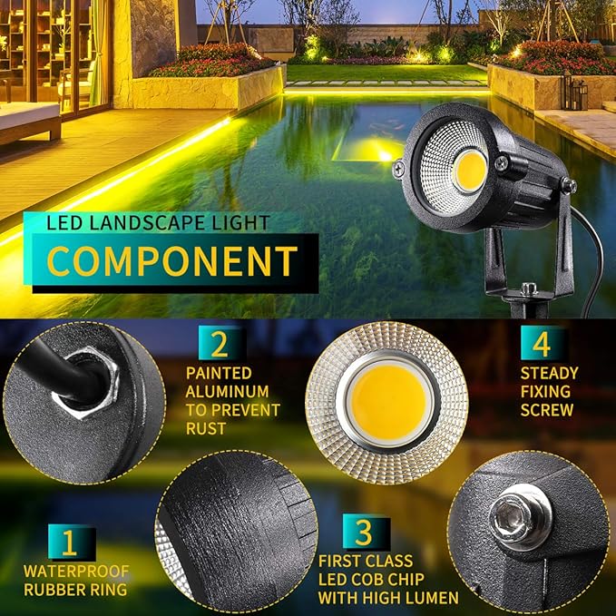 LED Landscape Lights,5W 120V AC Outdoor Pathway Garden Yard Spotlight,IP65 Waterproof Garden Flood Light,Outdoor Spotlight with Stake,UL Cord 5-ft with Plug (Pack of 4, Warm White) LEACOCO