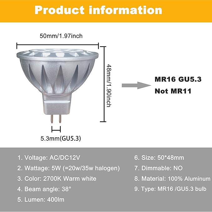 ALIDE MR16 Led Bulbs 5W Replace 20W 35W Halogen Equivalent,2700K Soft Warm White,12V Low Voltage MR16 GU5.3 Bulb Spotlights for Outdoor Landscape Flood Track Lighting,Not Dimmable,450lm,38 Deg,6 Pack ALIDE