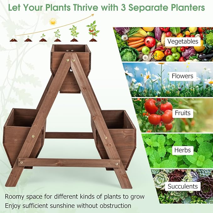Giantex Vertical Raised Garden Bed, 3 Wood Planter Boxes for Flower Vegetable Fruit Herb, Freestanding Garden Planter with Drain Holes, Elevated Raised Beds for Indoor Outdoor Lawn Patio Yard, Brown Giantex