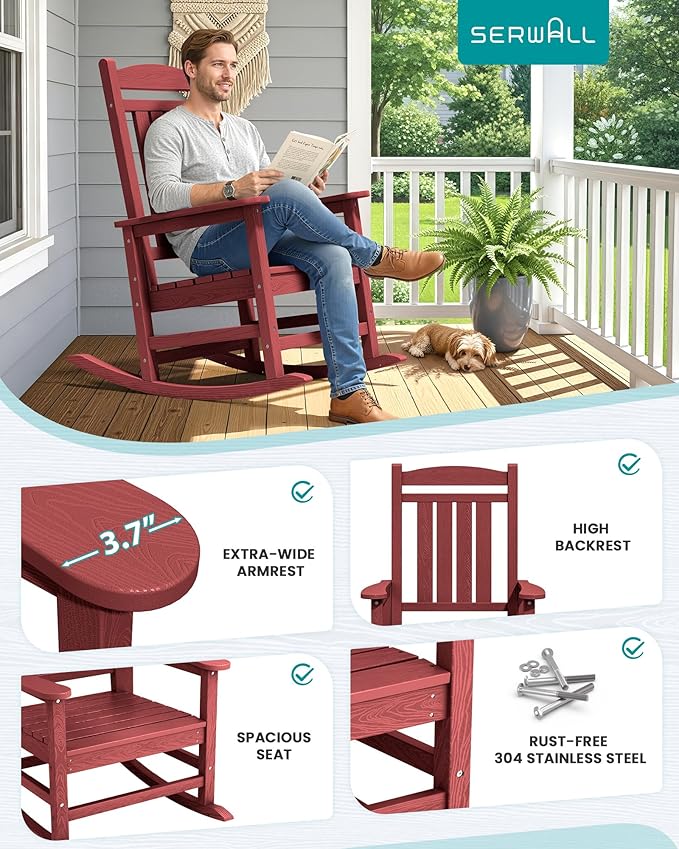 SERWALL Oversized Outdoor Rocking Chair, All-Weather Patio Rocking Chair, HDPE Porch Rocker for Adults, Red SERWALL