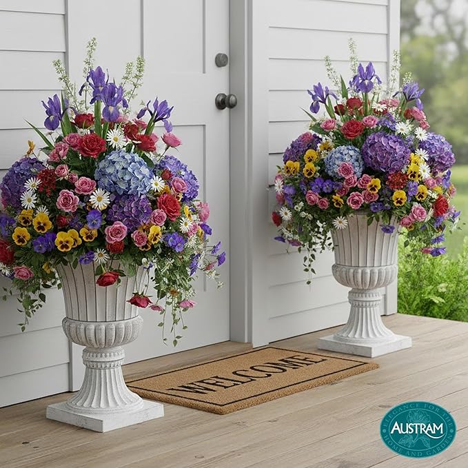 Urn Planters 22", Set of 2, Tall Stone-Resin Pedestal Planters for Outdoor Plants, Large Front Porch Decor, Patio Garden Pots, Outdoor Urns for Entryway, Porch & Deck, White Plant Pot Austram