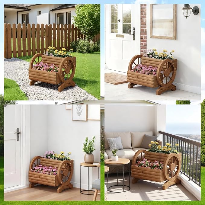Wooden Wagon Planter Outdoor Flower Cart with Wheels Garden Planter, Decor Planter for Patio Balcony Decoration Succulent Flower Pot for Indoor Backyard Balcon Yard Decor planters (Brown) Dawnyard