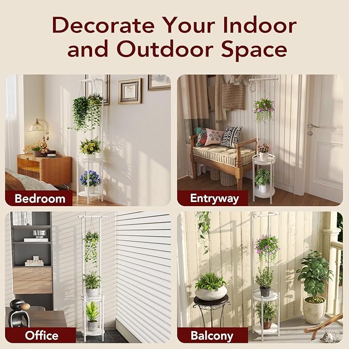 Plant Stand Indoor Outdoor - Heavy Duty Metal 2-tier Hanging Plant Holder Space-Saving Iron Plant Stands Tall Plant Shelf for Living Room Garden Balcony (White) Homsorout