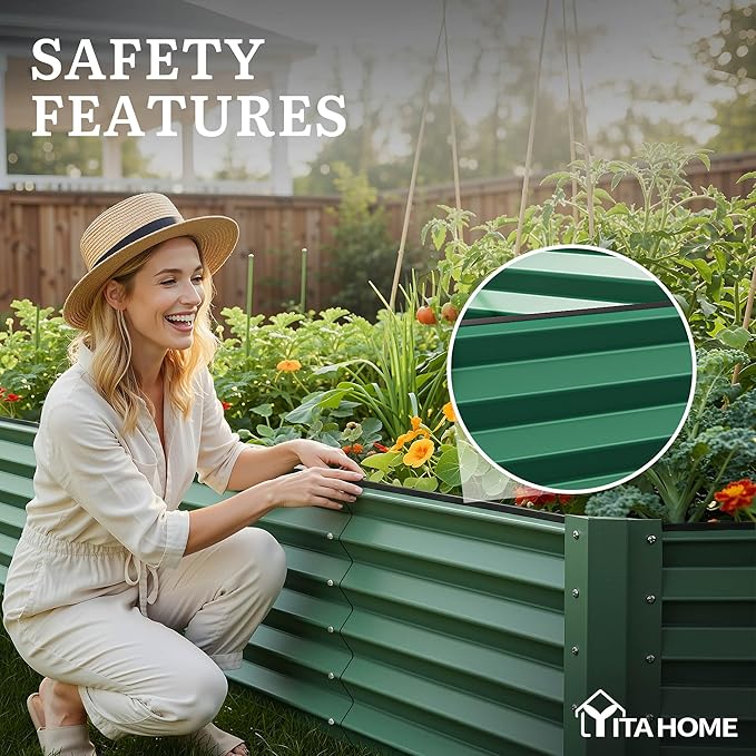 YITAHOME 8x4x1.5ft Large Raised Garden Bed Kit, Galvanized Metal Planter Box with Gloves, Ground Nails & Safety Rubber, Outdoor Above Ground Planters for Plants Vegetables Flowers, Green YITAHOME