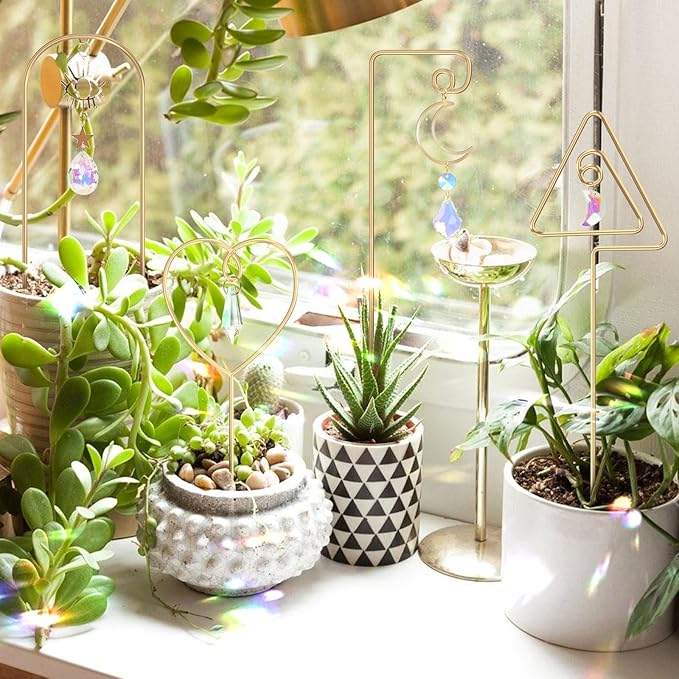 Small Trellis for Potted Plants Indoor with Colorful Crystal Sun Catcher, 14.17 Inch Metal Plant Lattice for Mini Potted Plant Decoration for Home Window Garden 4 Pack WellSign
