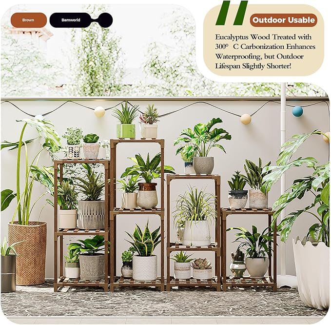 Bamworld Plant Stands Indoor 4 Sets Plant Shelves Outdoor Wooden Plant Holder for Multiple Plants Flower Stands Window Bamworld