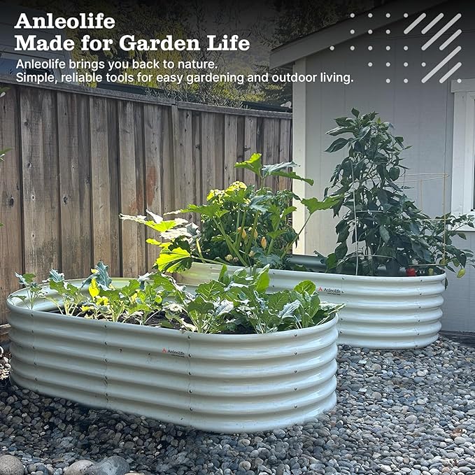 A ANLEOLIFE 8X4X1.5 ft Galvanized Raised Garden Beds Outdoor, Oval Large Metal Planter Box for Planting Vegetables Flowers Herb, Anti-Rust & Easy-Setup, Antique White AAnleolife