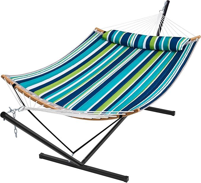 SUPERJARE Hammock with Stand, 2 Person Heavy Duty Hammock with Padded Cotton, Detachable Pillow & Strong Curved-Bar & Portable Carrying Bag, Perfect for Outdoor & Indoor - Dark Cyan SUPERJARE