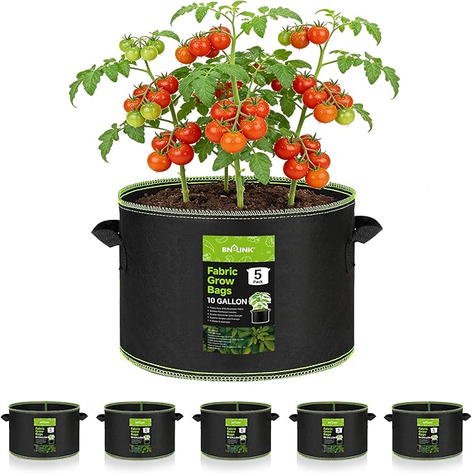 BN-LINK 5-Pack 10 Gallon Grow Bags, Heavy Duty Aeration Fabric Pots with Handles, Thickened Nonwoven Plant Bags for Vegetables, Flowers, Fruits BN-LINK