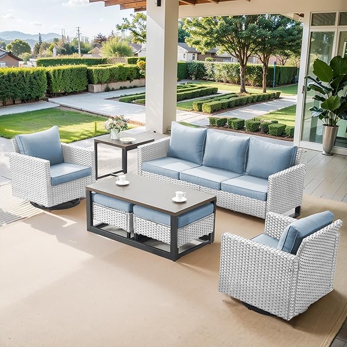 Belord 7 Piece Outdoor Furniture Patio Wicker Sofa Set, Oversize Outdoor Swivel Rocker Chairs with Rattan Ottomans, Conversation Sets Patio Furniture Come with Removable Cushion Baby Blue, Light Grey Belord