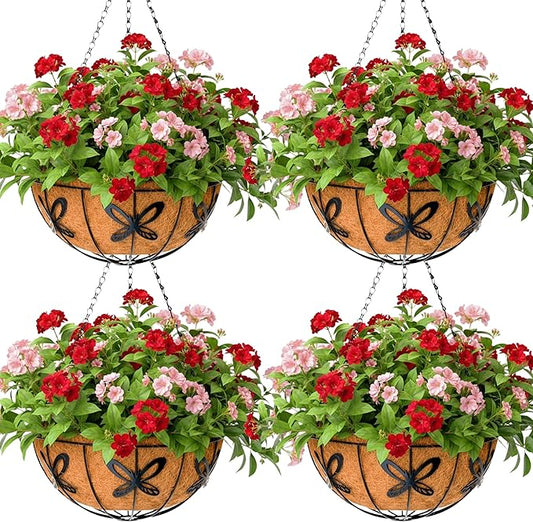 14 inch Metal Hanging Baskets For Plants Outdoor 4 Pack Round Metal Wire Hanging Basket Planter with Coco Fiber Liners Chain Round Wire Plant Holder for Garden, Patio, Deck, Porch Plants Flower Potss JFFLYIT