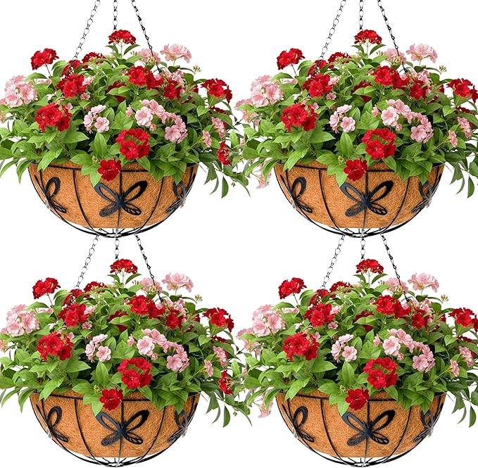Metal 10 inch Round Planter, 4 Pack Hanging Wire Basket with Coco Fiber Liners for Outdoor Plants, Garden, Patio, Deck, Porch JFFLYIT