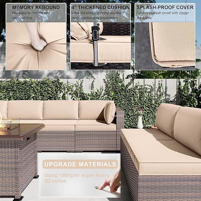 Kullavik 13 Pieces Outdoor Patio Furniture Set with 43" 55000BTU Gas Propane Fire Pit Table PE Wicker Rattan Sectional Sofa Patio Conversation Sets,Khaki KULLAVIK