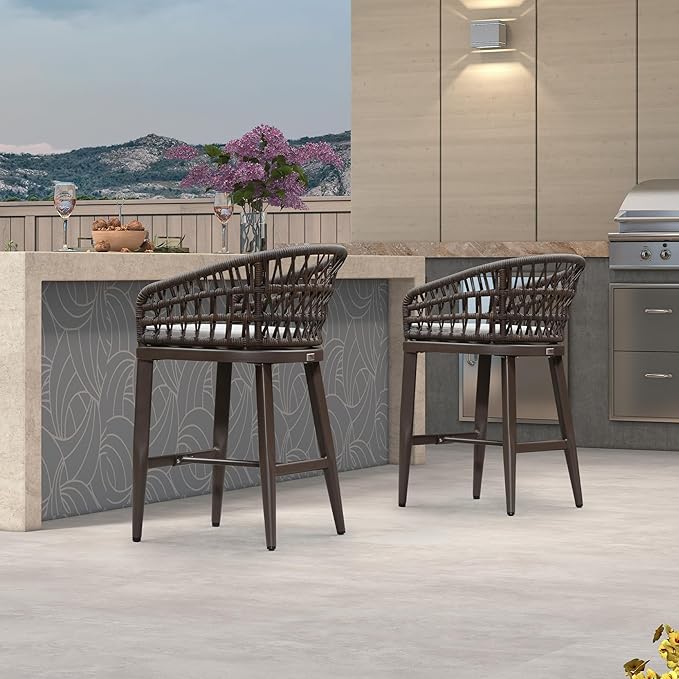 PURPLE LEAF Outdoor Rattan 24" Counter Height Bar Stools Chair Set of 2, Modern Patio Wicker Barstool with Backrest for Indoor and Outdoor, Kitchen Island, Coffee PURPLELEAF