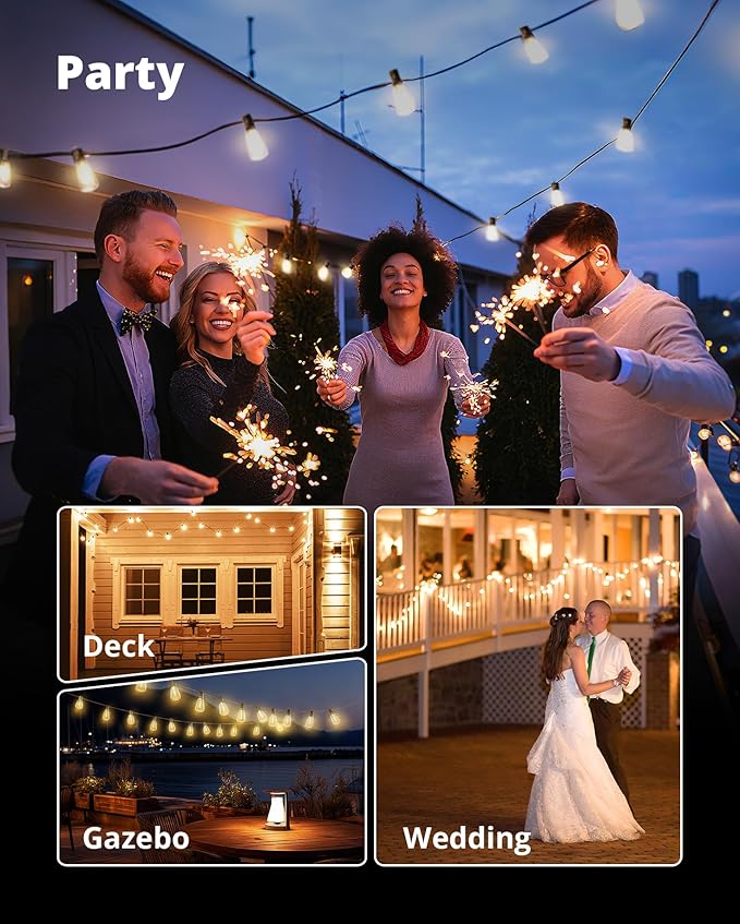 VIPAR LED Outdoor String Lights, 100FT Patio Lights with 32 Edison Shatterproof Bulbs, IPX5 Waterproof Outside Hanging Light Connectable for Backyard Porch Balcony Garden Deck Decor, E12 Base, Black VIPAR