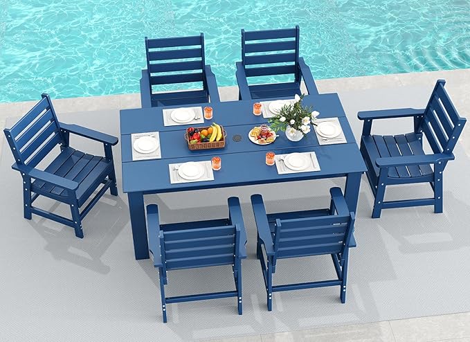 GREENVINES 7-Piece Outdoor Dining Set | HDPE | Patio Table and Chairs Sets for 6 | Patio Furniture | All Weather | Umbrella Hole | Blue| for Backyard Poolside Garden GreenVines