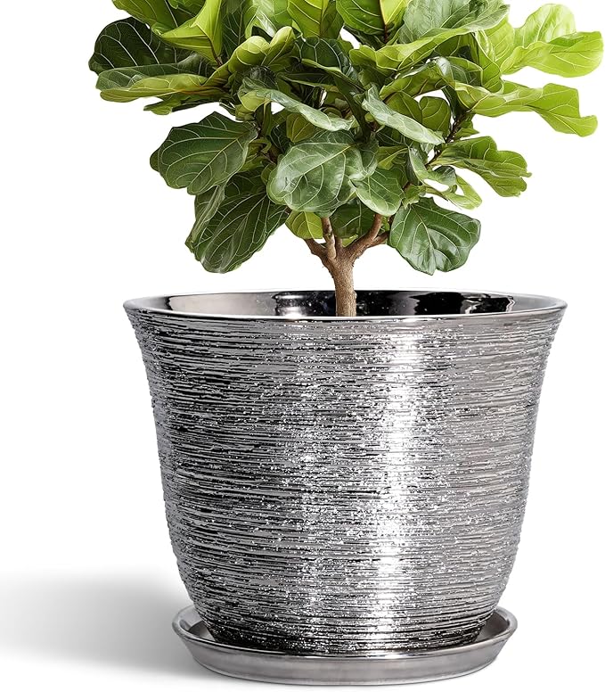 Ceramic Planter - 12 Inch Pots for Plants Indoor Outdoor, Round Planter with Drainage Hole and Saucer, Modern Decorative Planters, Large Plant Pot, House Patio Decor, Garden Gifts, Silver SUNPOTFOR