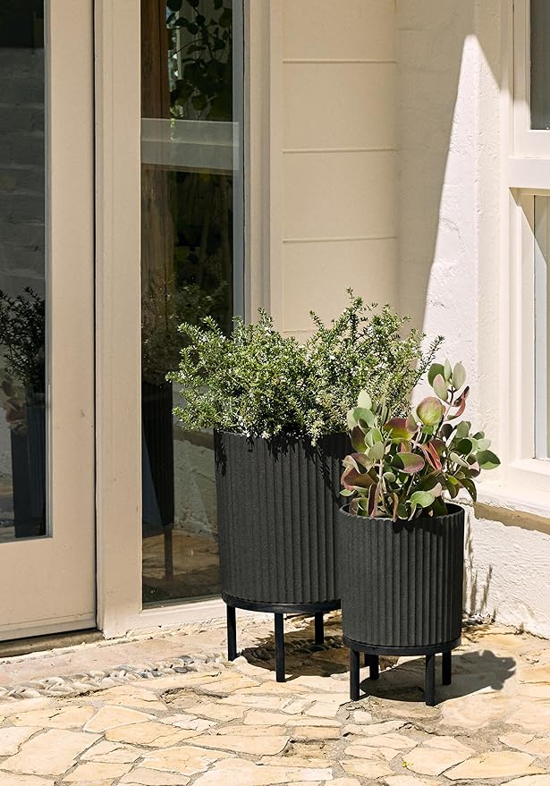 Veradek Demi Series Round Planter w/Stand for Porch/Patio | Durable Plastic-Stone Composite & Wooden Stand | Modern Décor for Tall Plants, Flowers VeradekOutdoor
