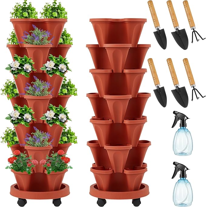 Umigy 2 Set of 7 Tier Vertical Planter Stackable Tower Planters Strawberry Herb Flower and Vegetable Pots Indoor Outdoor Gardening Pots with Removable Wheels and Tools(Brick Red) Umigy