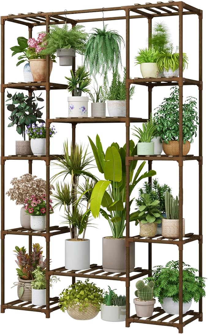 Bamworld 62.2'' Tall Plant Stand Indoor Large Plant Shelf for Multiple Plants Wood Flower Stand Outdoor Hanging Plant Rack for Living Room Garden Balcony Home Decor Bamworld
