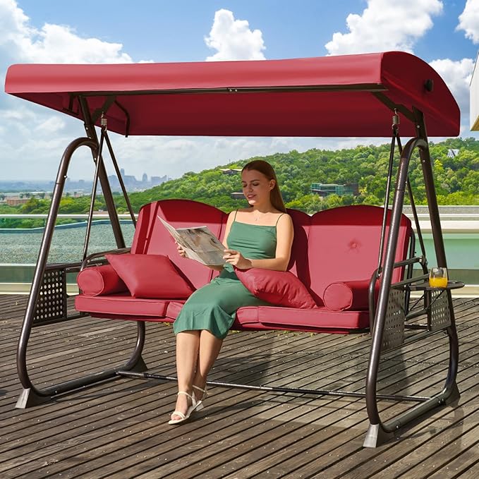 3 in 1 Outdoor Porch Swing with Adjustable Canopy, 3 Seat Outdoor Swing for Adults, Patio Swing Chair with Thickened Cushions,Pillows & Cup Holders for Backyard, Porch, Garden (Wine Red) YALISSEY