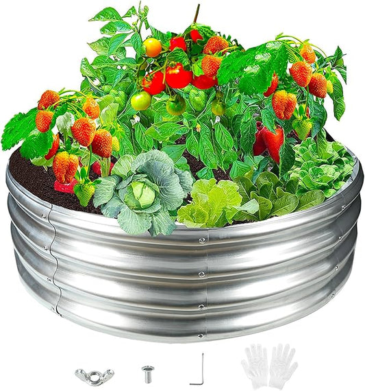 Durable Round Galvanized Steel Raised Garden Bed for Planting,Round Galvanized Steel Fire Ring/Fir Pit 36-Inch for Outdoor- 3×3×1FT,0.8MM Thick (36 ins Diameter x 12 ins high, Silver) zbzbml