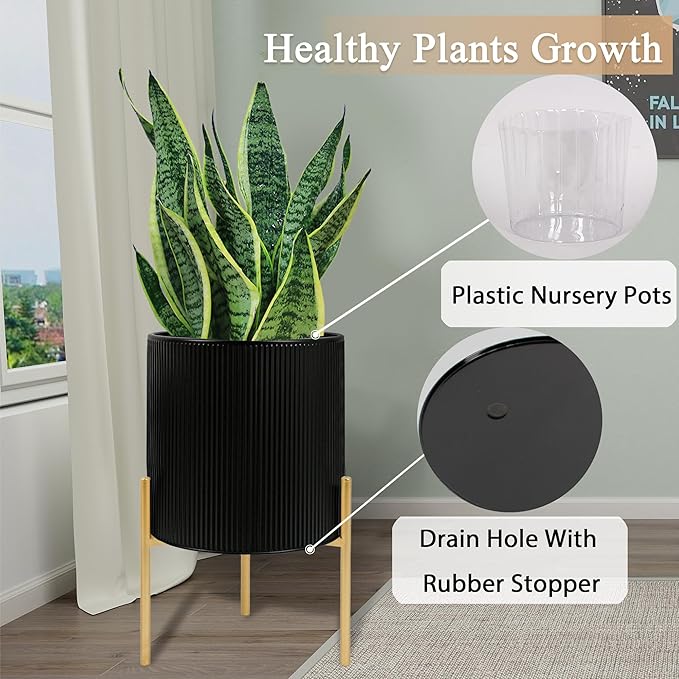 ARNIS Modern Plant Pots, Set of 2 Round Large Planters with Stand, Large Size Metal Pots with Drainage Holes for Living Room, Office, Garden or Balcony, 10.5 &12.25 Inch, Black & Gold ARNIS