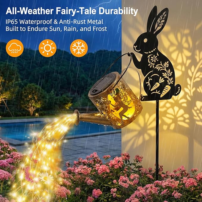Solar Watering Can Light with Bunny Silhouette Stake & Fairy Design - Cascading LED String Light for Garden Yard Patio Decor, IP65 Waterproof Outdoor Gift for Mom, Women, Birthday, Housewarming Tremdwoto