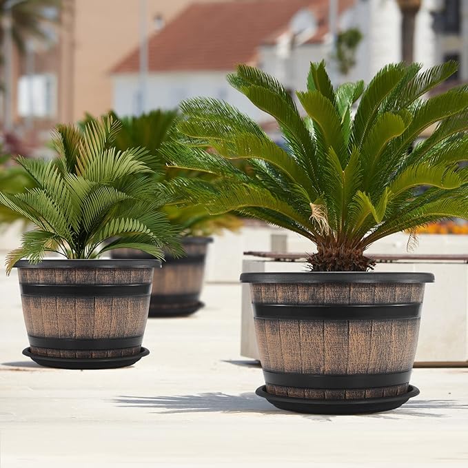 Quarut Large Plastic 3 Pack16 inch Plant Pots,Whiskey Barrel Planters with Drainage Holes & Saucer.Flower Pots Imitation Wine Barrel Design for Indoor & Outdoor Garden Balcony Plants.7 Gallons(Brown) Quarut