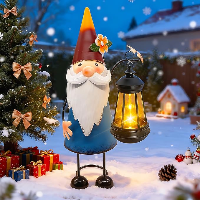 Solar Garden Gnome Statue with Lights,14.56in Tall Solar Gnome Garden Sculptures, Birthday Gift for Woman Grandma Big Metal Decorative for Outdoor Patio Porch Ornaments Lawn Yard Balcony yulloyello