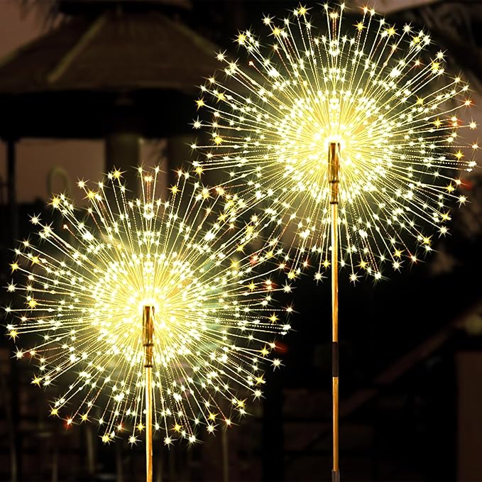 JJGoo Solar Firework Lights, 2 Pack 150 LEDs 2 Lighting Modes Solar Lights Outdoor Waterproof for Garden Patio Walkway Pathway Party Wedding Christmas Decorative - Warm White JJGoo