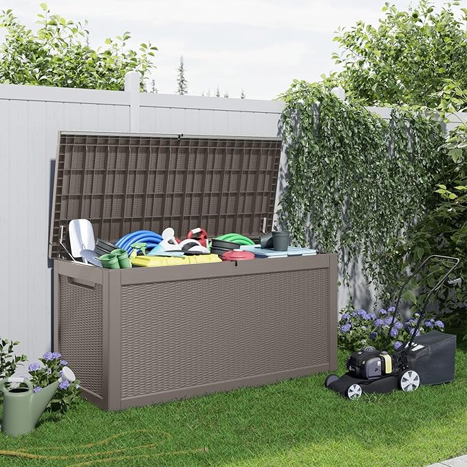 320 Gallon Outdoor Deck Box, Lockable Waterproof Outdoor Storage Boxes For Garden Tools,Indoor Cushions,Accessories Outside Storage Resin Weatherproof Container(Grey) MAIUSCOLI