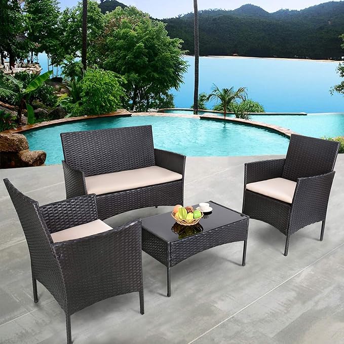 Homall 4 Pieces Outdoor Patio Furniture Sets Rattan Chair Wicker Set,Outdoor Indoor Use Backyard Porch Garden Poolside Balcony Furniture (Black and Beige) Homall