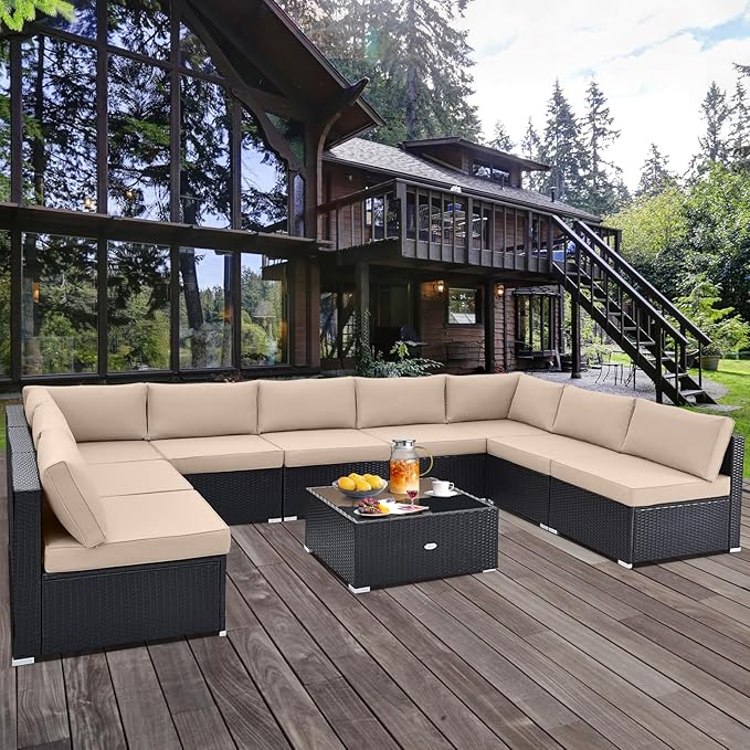 Tangkula 10 Pieces Patio Sofa Set, Outdoor Wicker Conversation Set with Soft Cushions, Tempered Glass Tabletop, Sofa Fastener Clips Included, Rattan Furniture Set for Backyard, Poolside (Beige) TANGKULA