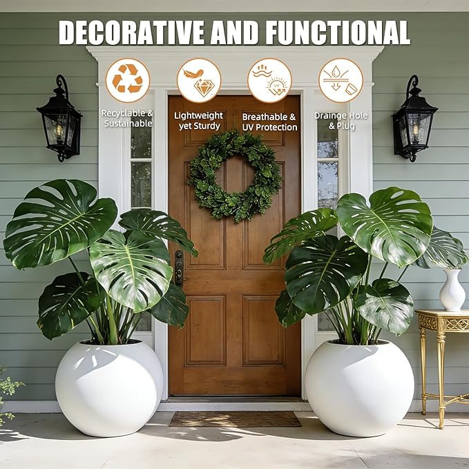 13.5 H x 17" Dia (12" Pot Opening) Round Fiberstone Planter with Drainage Hole, Durable Garden Flower Pots, White, Resistant for Indoor and Outdoor, Planters for Large Plants pot for Home Decor Patio Rootora