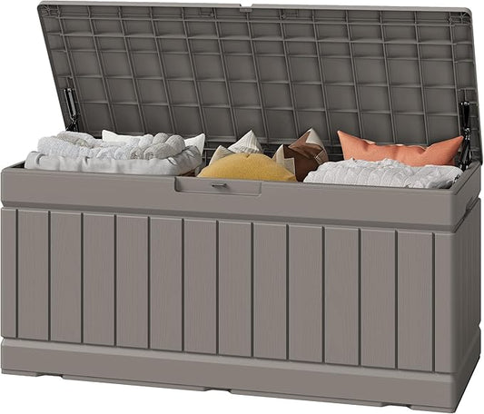 Greesum Outdoor Storage Box 82 Gallon Storage Bin with Lid for Patio Furniture, Garden Tools, Pool Supplies, Waterproof and UV Resistant, Lockable, Coffee BuynowfromGreesum
