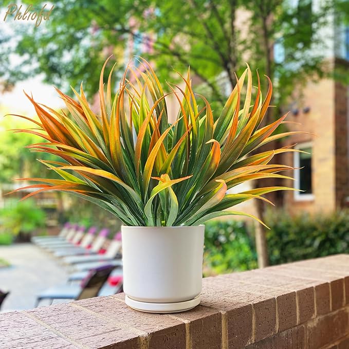 16Pcs Artificial Grass Fake Plants 17.3in Outdoor Plastic Plants UV Resistant Greenery Fake Grass for Home Window Garden Office Patio Hanging Planter Pathway Front Porch Décor Orange Yellow Phliofd