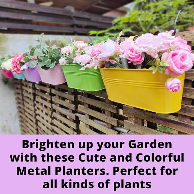 LaLaGreen Rail Planter Outdoor Plants (11.2 Inch, 6 Pack) Colorful Metal Iron Strawberry Hanging Flower Pots Deck Railing, Fence Wall Mount Bucket Modern Window Box Hooks Porch Garden Outside Decor L%C3%A1L%C3%A1Green