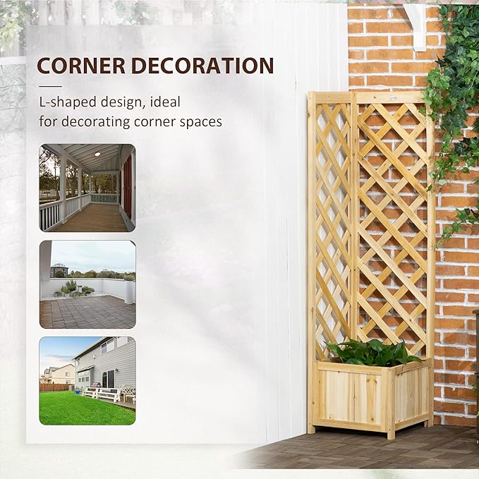 Outsunny Wooden Raised Garden Bed with Trellis, 57" Freestanding Corner Planter Box for Vine Plants Flowers Climbing and Planting Natural Outsunny