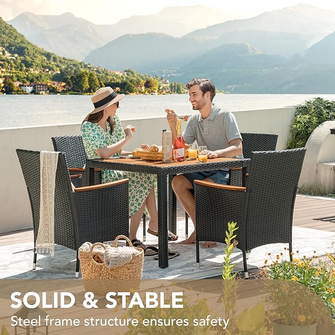 Devoko 5 PCS Furniture, Patio Conversation Set with Acacia Wood Top, Rattan Outdoor Dining Table and Chairs for Backyard, Garden, Deck, Black DEVOKO
