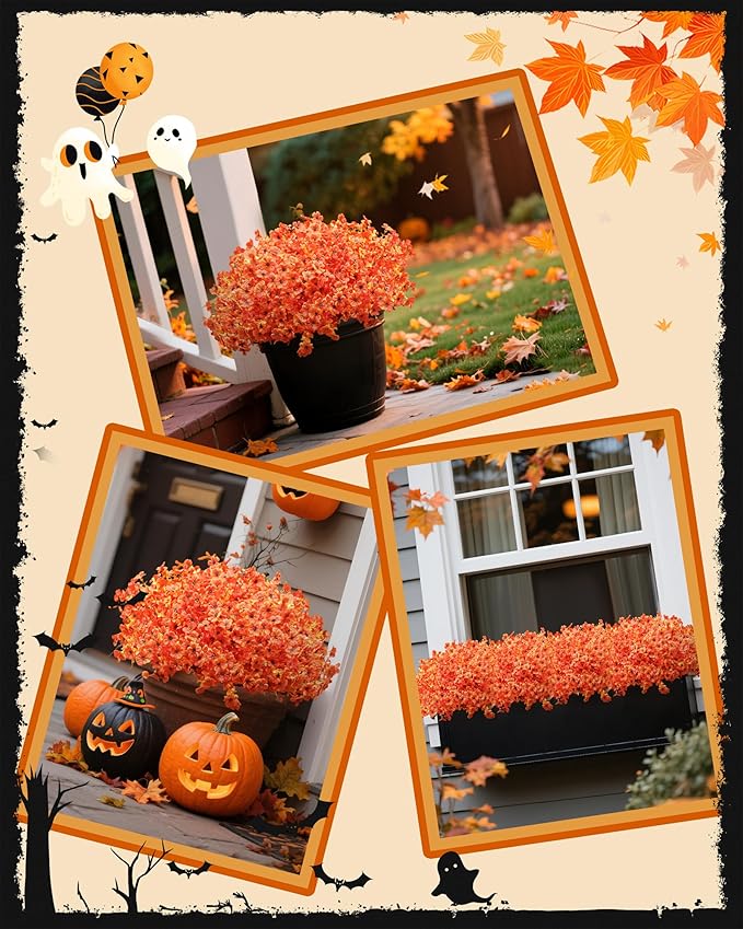 Artificial Fall Flowers Faux Mums for Outdoor Planters,Orange Red 16 Bundles Silk Fake Plants UV Resistant for Outside,Autumn Decorations for Porch,Pot,Window Boxes,Front Yard,Thanksgiving Home Decor JAKY-Global