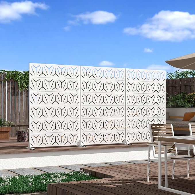 Casaphoria Metal Privacy Screen Outdoor, 72" H x 47" W Freestanding Decorative Privacy Screen for Patio Deck Balcony Garden with Stable Base, White-Star Casaphoria