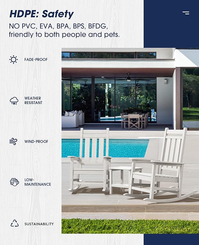 KINGYES Oversized Outdoor Rocking Chair, All-Weather Patio Rocking Chairs for Porch, HDPE Outdoor Patio Rockers with High Back & Wide Seat for Garden, Lawn, White KINGYES