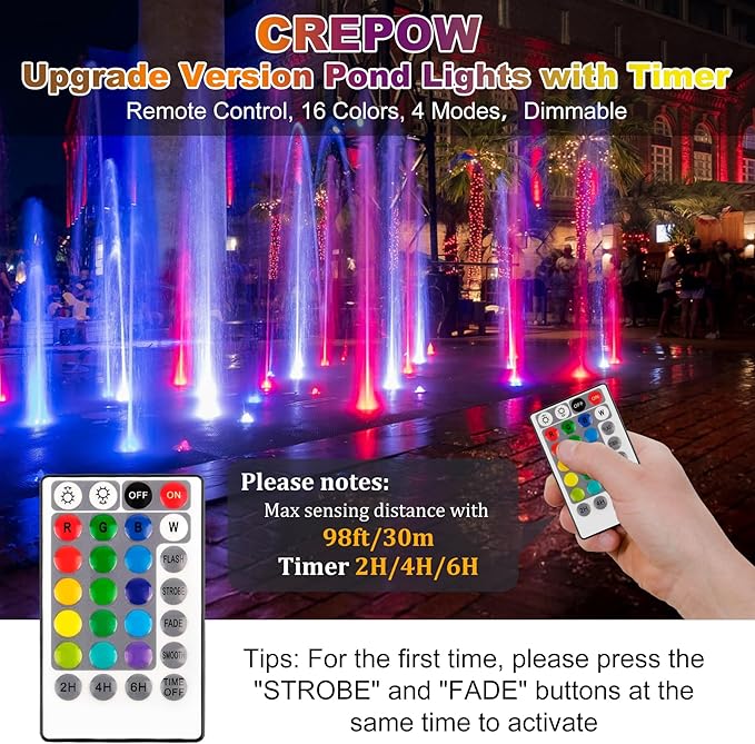 RGB Pond Lights with Timer, LED Underwater Submersible Colorful Landscape Spotlights, 98ft Remote Control IP68 Waterproof Fountain Lights for Fish Aquarium Tank Garden Yard Pool (Set of 2) CREPOW