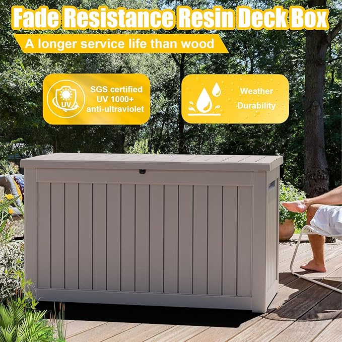 DRATO 280 Gallon Deck Box, Waterproof Resin Large Outdoor Storgae Box for Patio Furniture, Patio Cushions, Gardening Tools, Pool Supplies, Lockable（Gray，280 Gallon） DRATOprovidesawarmandcozy