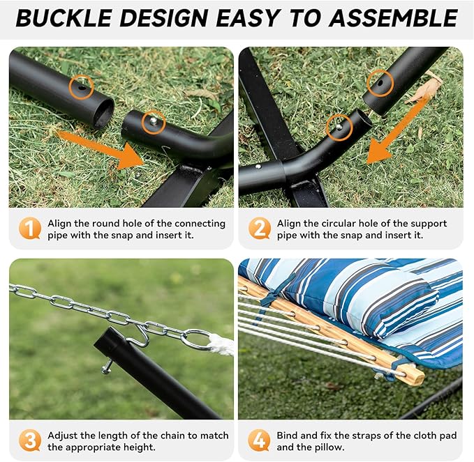 2 Person Outdoor Hammock with Stand, Cotton Rope Hammock with Polyester Pad, Adjustable Steel Frame, Portable with Carrying Bag – for Patio, Backyard, Garden, Beach, Blue Stripe Rootora